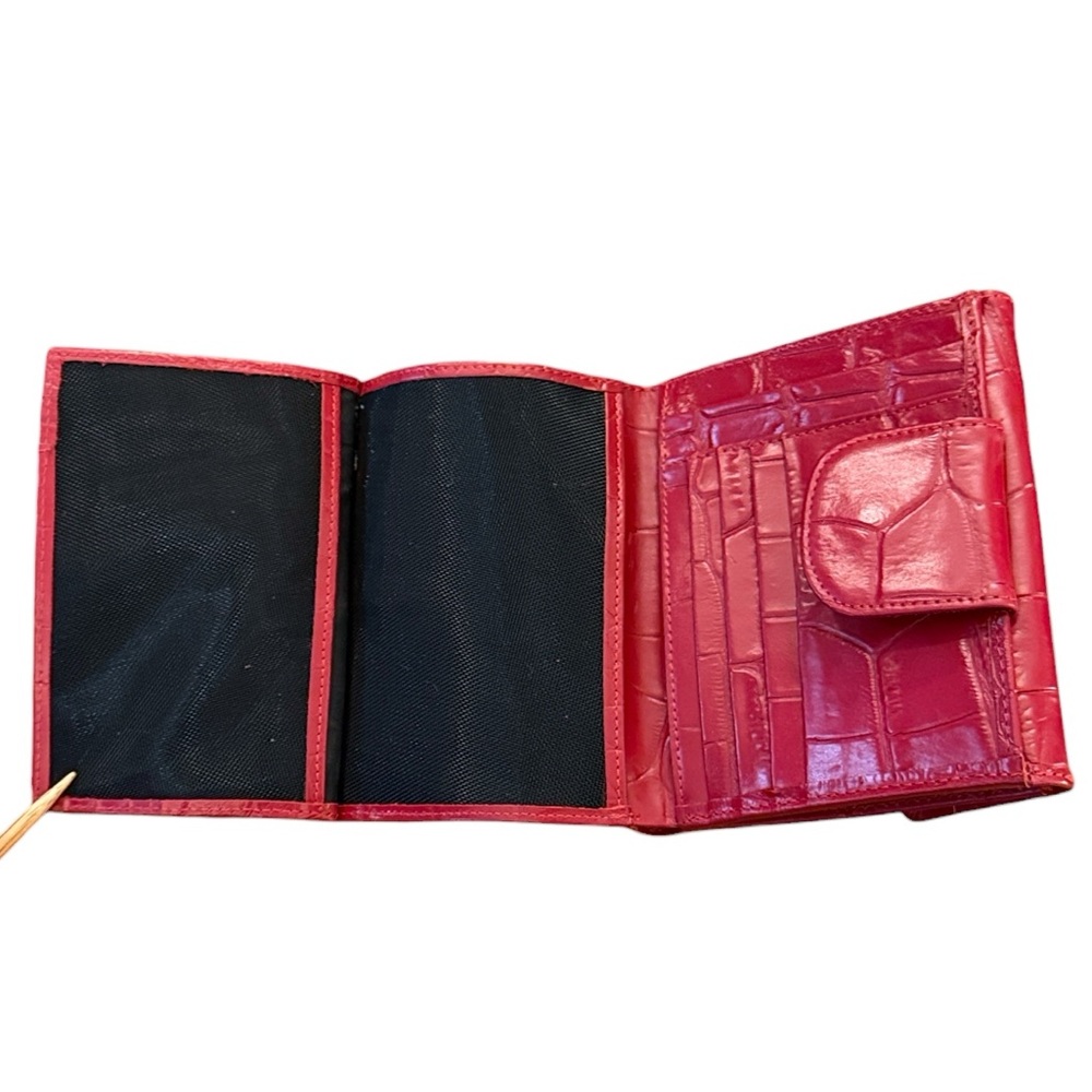 Red Croc-Embossed Leather RFID Wallet Organizer Accordion Multi Compartment Snap - Picture 7 of 13